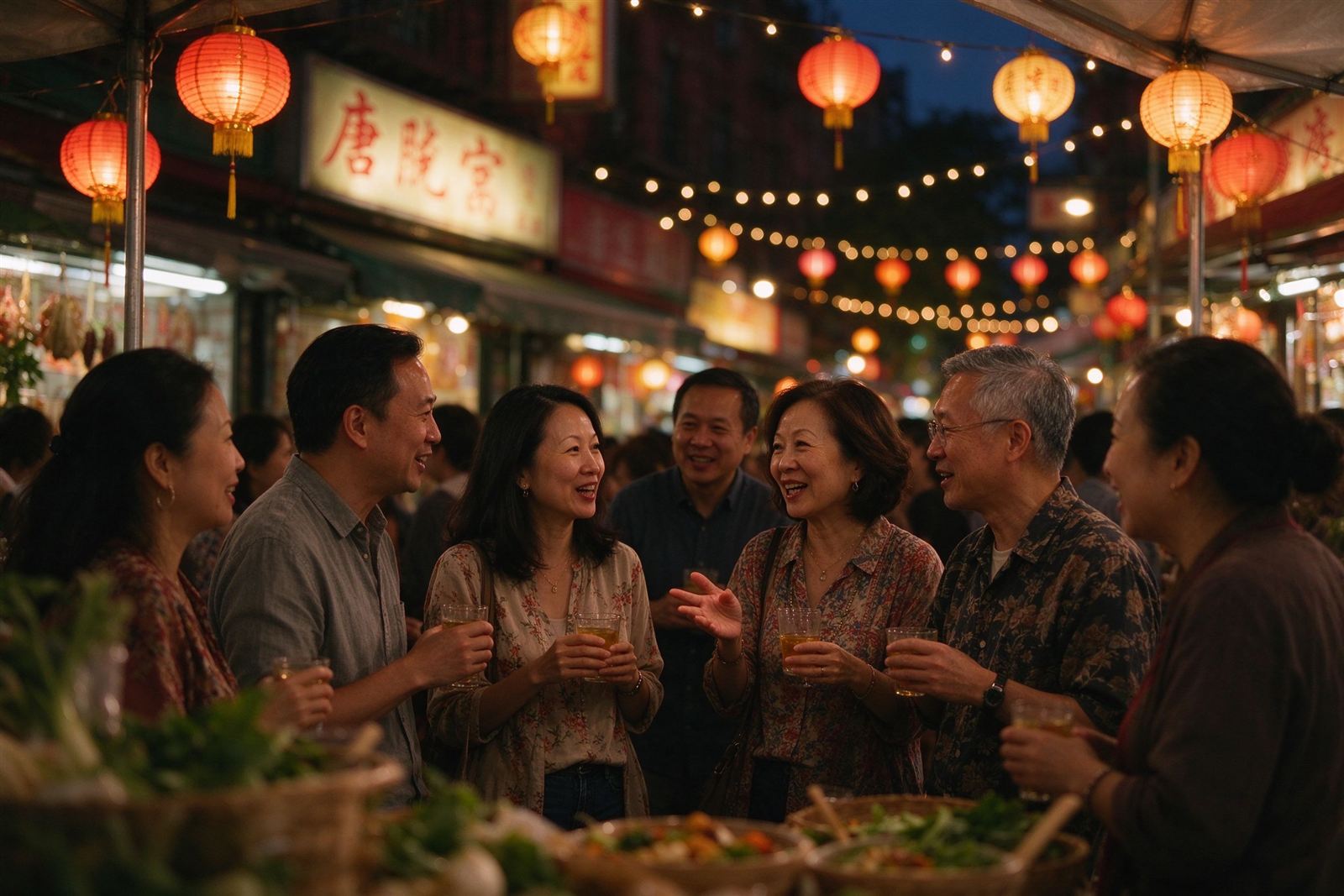 美国华人社区晚间聚会交流场景